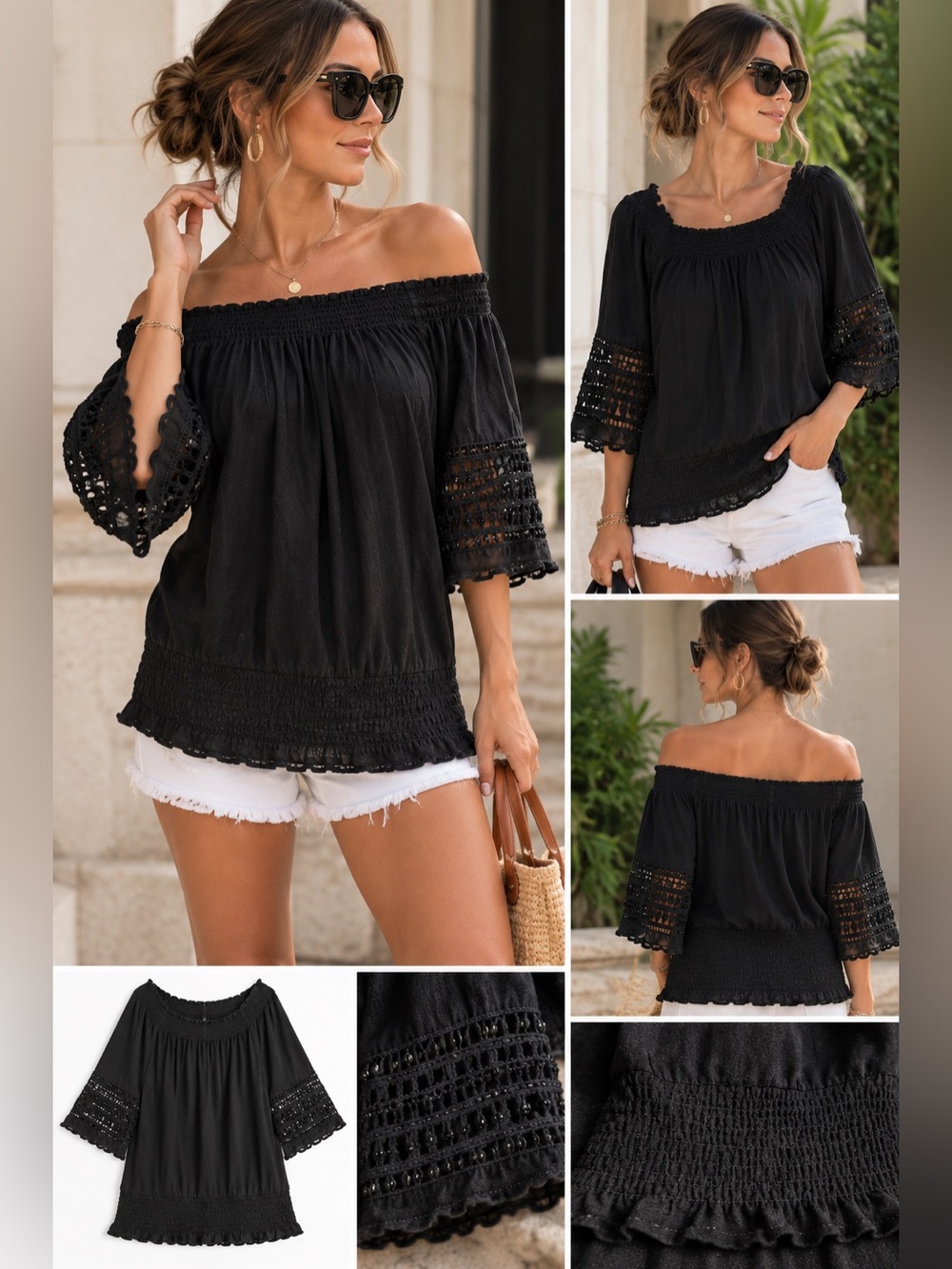 INC International Concepts Black Off-Shoulder Peasant Top with Lace Sleeves